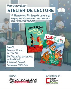 Affiche de l'atelier lecture en langue portugaise au Festival du Livre de Paris, 19 avril, Grand Palais