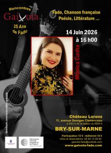 Affiche de la Rencontre Gaivota du 14 juin 2026 à 16 h au château Lorenz de Bry-sur-Marne, avec la fadiste Mónica Cunha, pour les 25 ans de fado de l'association