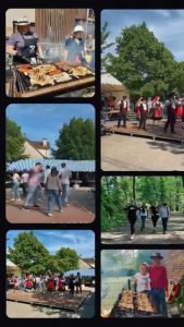 Montage de la Fête du printemps 2026 de l'ACPUO à Orsay : grillades, rancho folklorique en costume, marcheurs en forêt et stands