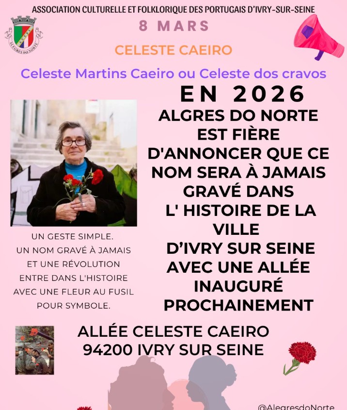 Affiche des Alegres do Norte annonçant l'allée Celeste Caeiro à Ivry-sur-Seine, avec le portrait de Celeste Martins Caeiro tenant des œillets rouges