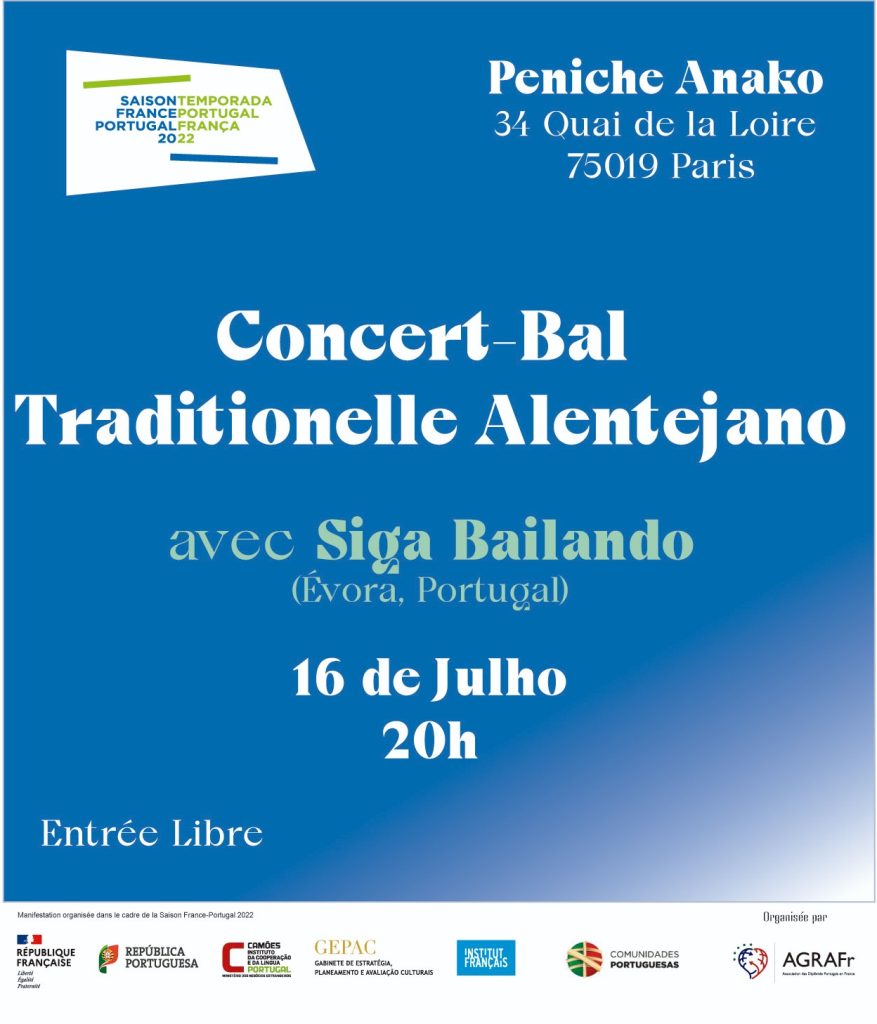 Affiche du concert-bal traditionnel alentejano avec Siga Bailando, le 16 juillet 2022 à 20 h à la péniche Anako, quai de la Loire à Paris