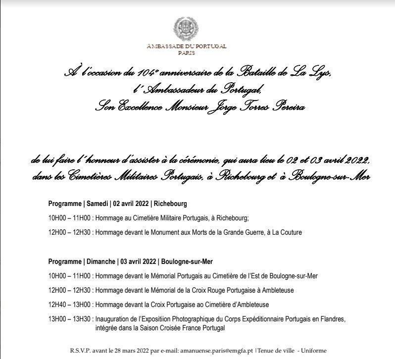 Programme des commémorations du 104e anniversaire de la bataille de La Lys, 2 et 3 avril 2022