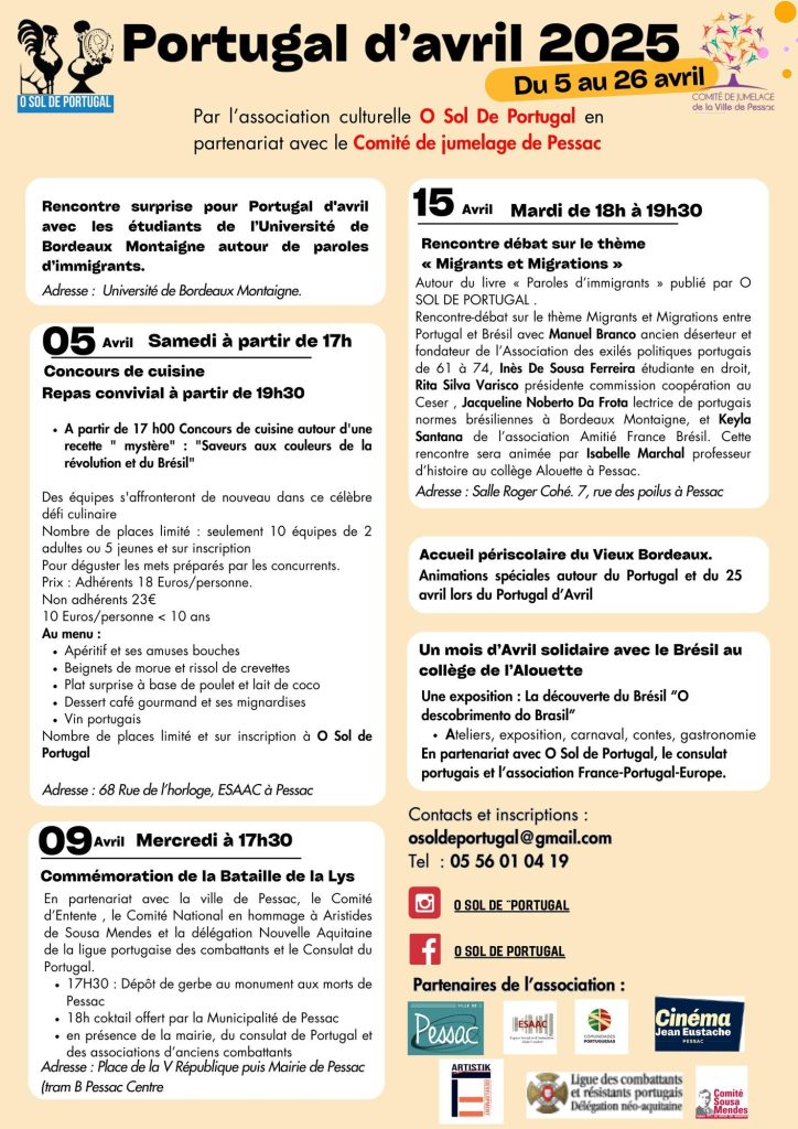 Programme du 31e Portugal d'Avril 2025, organisé par O Sol de Portugal avec le Comité de jumelage de la Ville de Pessac, du 5 au 26 avril à Pessac