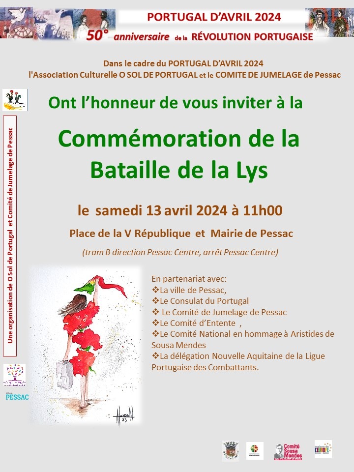 Invitation d'O Sol de Portugal et du Comité de jumelage de Pessac à la commémoration de la Bataille de la Lys, samedi 13 avril 2024 à 11 h, place de la Ve République