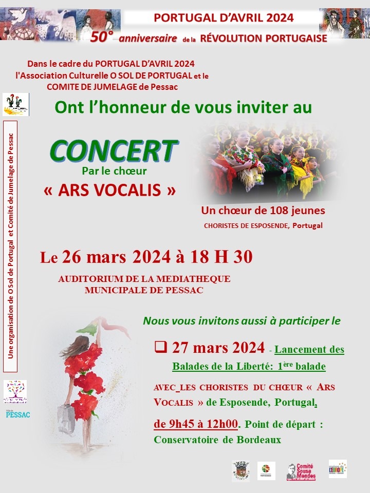 Invitation au concert du chœur Ars Vocalis, 108 jeunes choristes d'Esposende, le 26 mars 2024 à 18 h 30 à l'auditorium de la médiathèque de Pessac