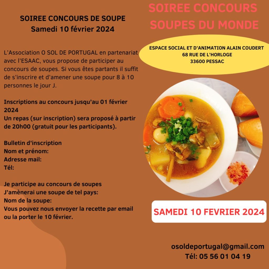 Affiche de la soirée concours Soupes du monde d'O Sol de Portugal, samedi 10 février 2024 à l'espace social et d'animation Alain-Coudert de Pessac