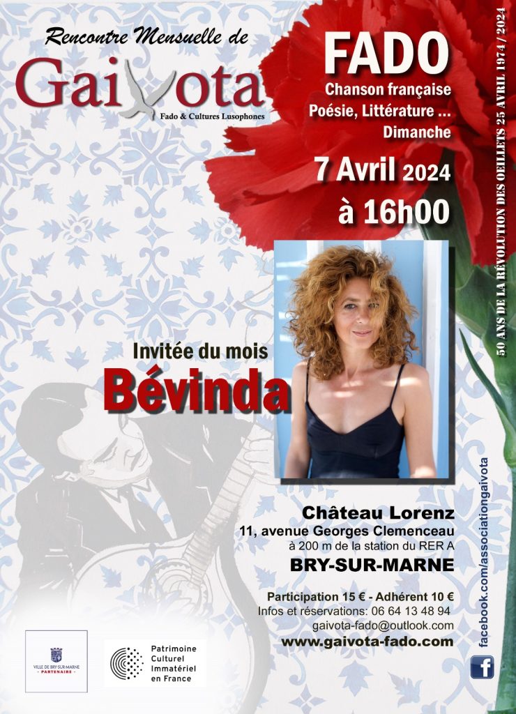 Affiche de la Rencontre Gaivota du dimanche 7 avril 2024 à 16 h au château Lorenz de Bry-sur-Marne, avec la chanteuse Bévinda, invitée du mois