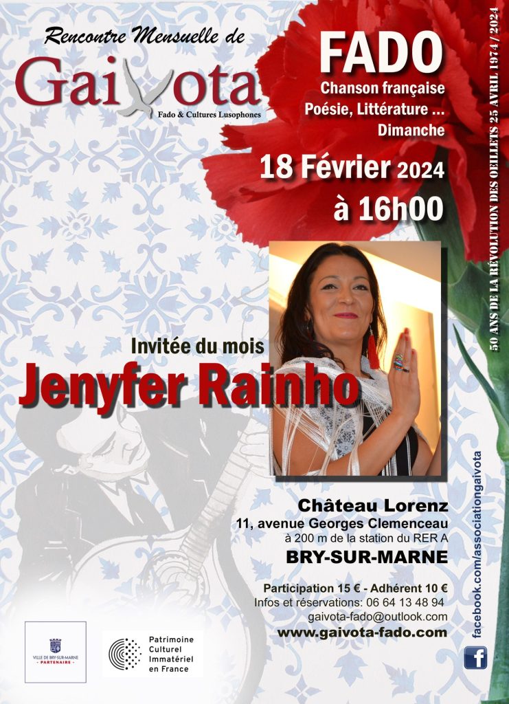 Affiche de la Rencontre Gaivota du dimanche 18 février 2024 à 16 h au château Lorenz de Bry-sur-Marne, avec la fadiste Jenyfer Rainho, invitée du mois