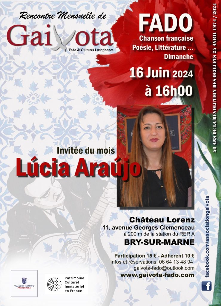 Affiche de la Rencontre Gaivota du dimanche 16 juin 2024 à 16 h au château Lorenz de Bry-sur-Marne, avec la fadiste Lúcia Araújo, invitée du mois