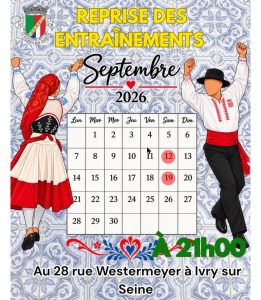 Affiche de la reprise des entraînements des Alegres do Norte, samedis 12 et 19 septembre 2026 à 21 heures, 28 rue Westermeyer à Ivry-sur-Seine