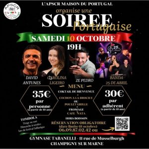 Affiche de la soirée portugaise de l'APSCR, samedi 10 octobre 2026 au gymnase Tabanelli de Champigny-sur-Marne