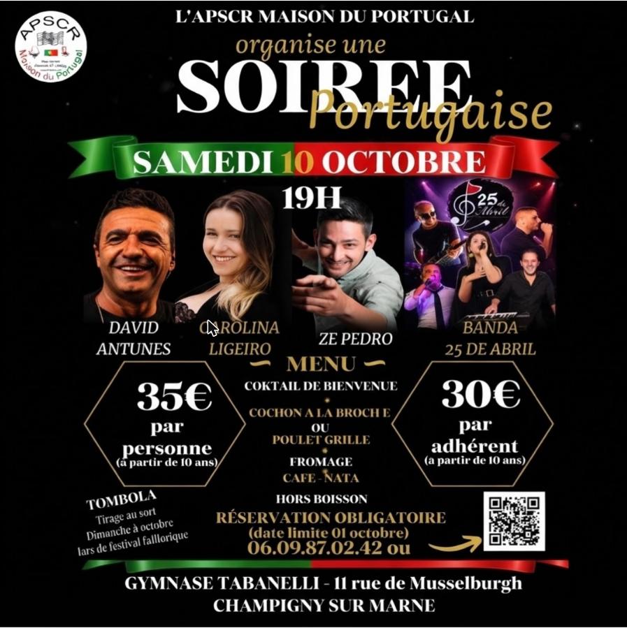 Affiche de la soirée portugaise de l'APSCR, samedi 10 octobre 2026 au gymnase Tabanelli de Champigny-sur-Marne