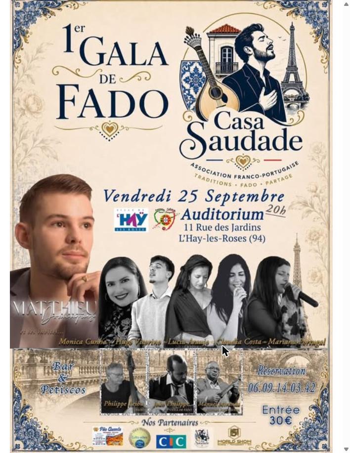 Affiche du 1er Gala de fado de Casa Saudade, vendredi 25 septembre 2026 à l'Auditorium de L'Haÿ-les-Roses
