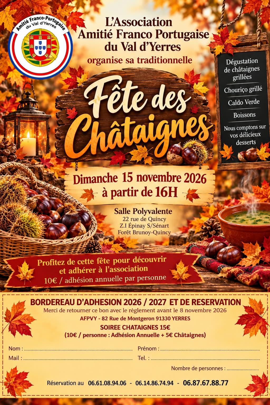 Affiche de la Fête des Châtaignes de l'Amitié franco-portugaise du Val d'Yerres, dimanche 15 novembre 2026 à partir de 16h