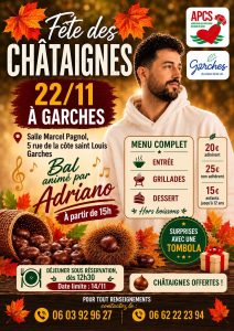 Affiche de la fête des châtaignes de l'Association des Portugais du Cœur de Seine, le 22 novembre 2026 à Garches : déjeuner dès 12 h 30, bal animé par Adriano à partir de 15 h, châtaignes offertes.