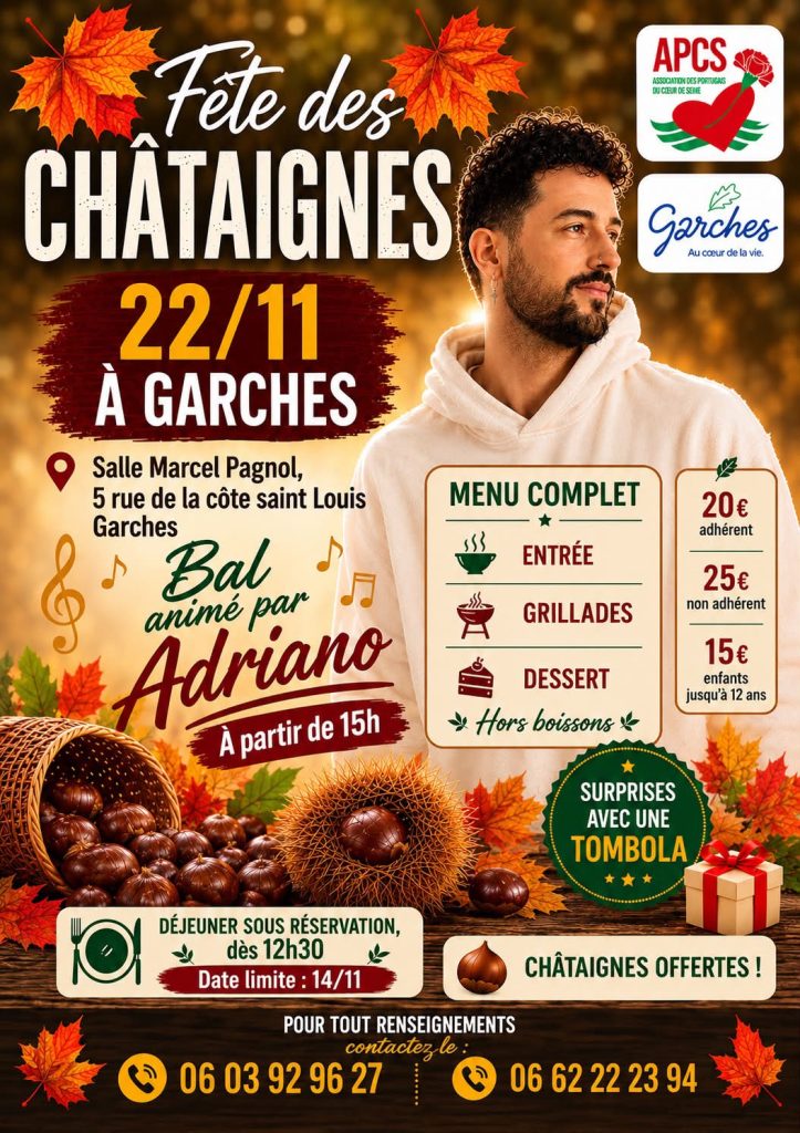 Affiche de la fête des châtaignes de l'Association des Portugais du Cœur de Seine, le 22 novembre 2026 à Garches : déjeuner dès 12 h 30, bal animé par Adriano à partir de 15 h, châtaignes offertes.